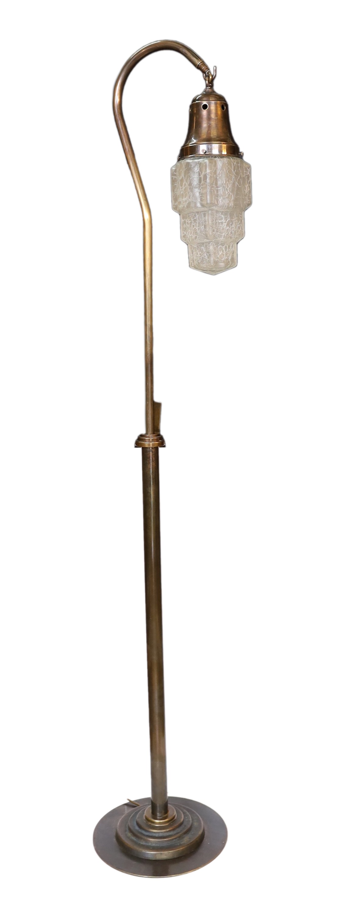 An Art Deco bronze telescopic lamp standard with frosted crackle glass shade, height 167cm